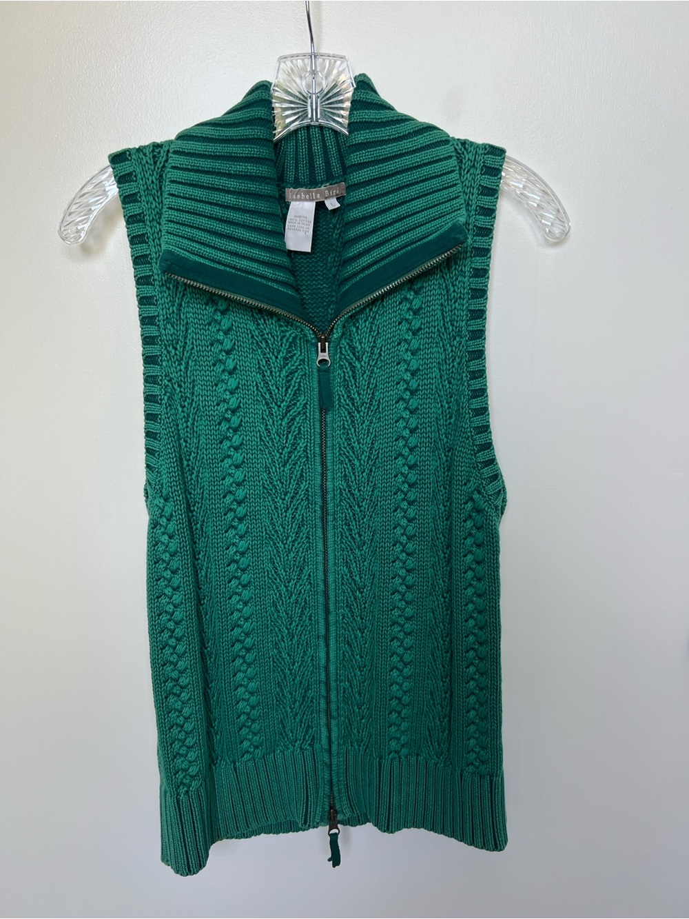 Isabella Bird Green Cable-Knit Zip Front Sleeveless Sweater
